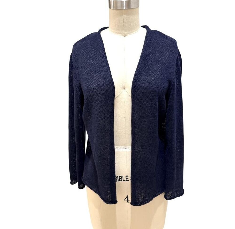 Eileen Fisher Sweater Womens Medium Blue 100% Linen Open Front Cardigan